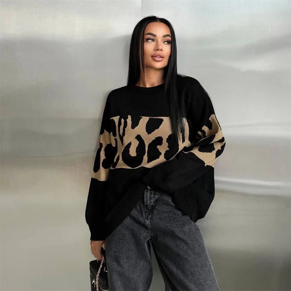 Autumn Winter Vintage Leopard Print Women\'s Sweater Loose Causal Oversized Knitwear Women Fashion Oneck Female Clothing 2024 New