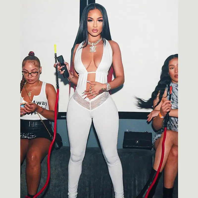 

Сексуальный кружевной комбинезон с глубоким V-образным вырезом, облегающий, с длинными брюками, высокой талией, тонкий, летний, модный, женский, цельный костюм