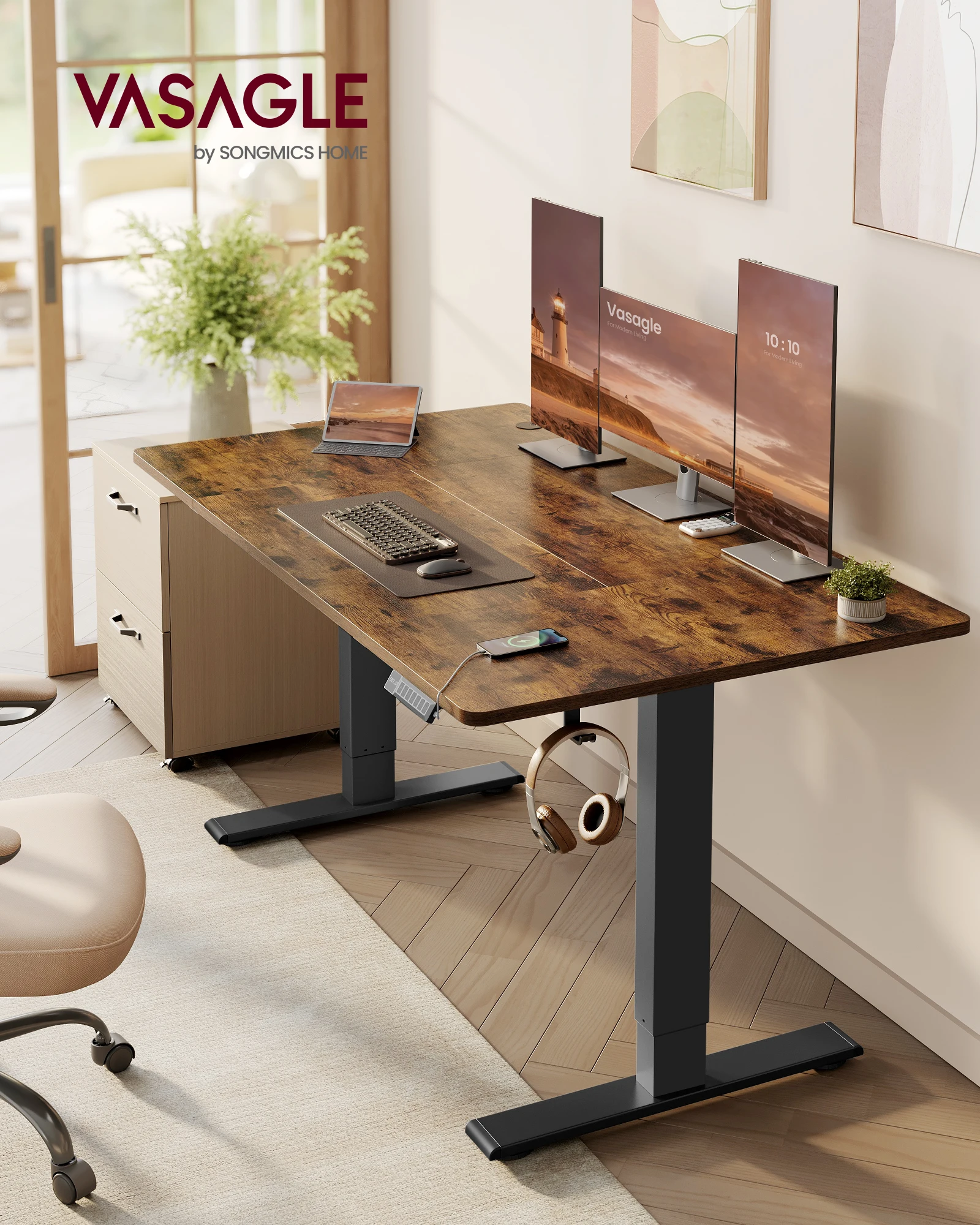 VASAGLE Bureau Électrique Réglable en Hauteur, 140 x 80 cm, avec Port USB-C, Support pour Multiprise, Rappel de Sédentarité, Fonction Mémoire 3 Hauteu