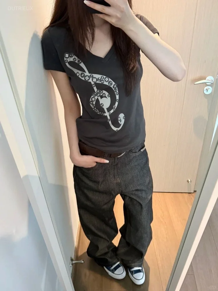 2026 Y2k Aesthetic Note Printing Women T-shirt Vintage Streetwear Punk Bodycon Grunge Tshirts Harajuku Short Sleeve Summer Tees