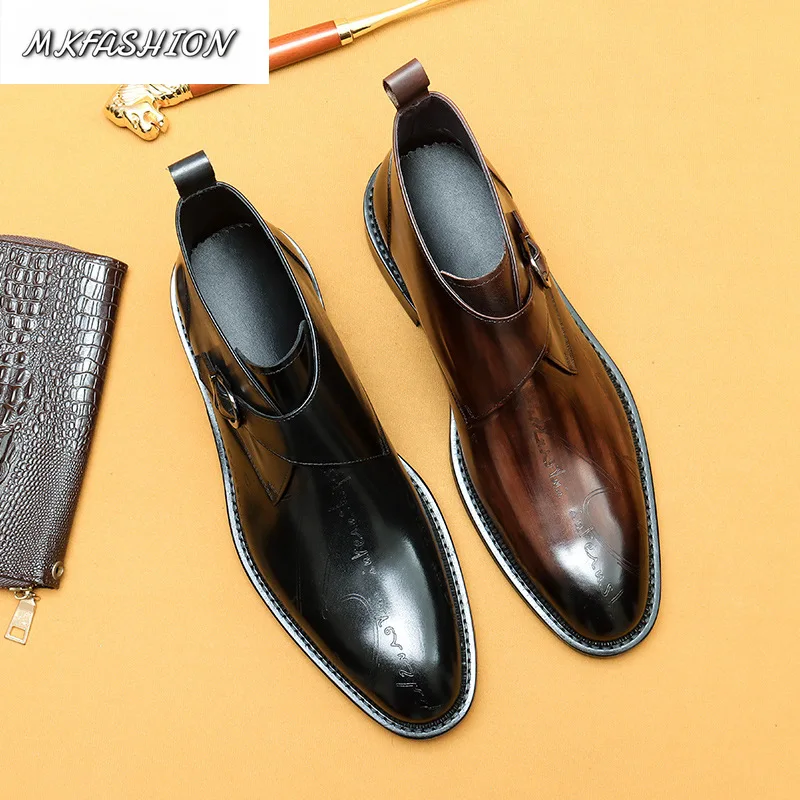 Men's Genuine LeatherCarved Business Formal Shoes Pointed Toe Ankle Boot Short Booties