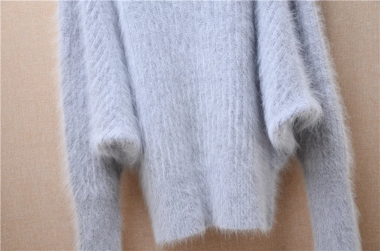 Women Mujer Autumn Winter Clothing Grey Striped Hairy Angora Rabbit Hair Knitted Long Sleeves Turtleneck Loose Pullover Sweater