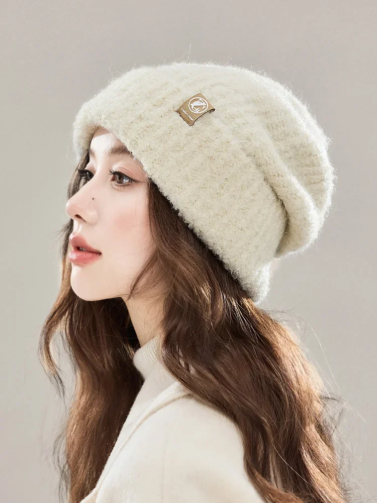 Wool stack hat women's winter new fashion warm thickened face small ear protection hat gift box average size (52-64cm)