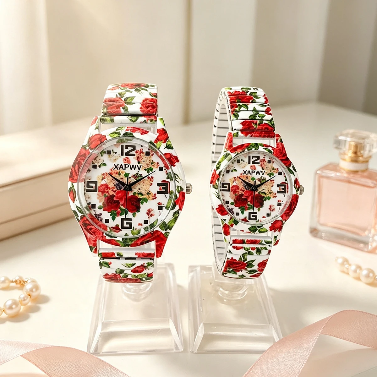 Rose Quartz Women's Watch, Light Luxury Niche Fashion Casual Elastic Strap Couple's Set
