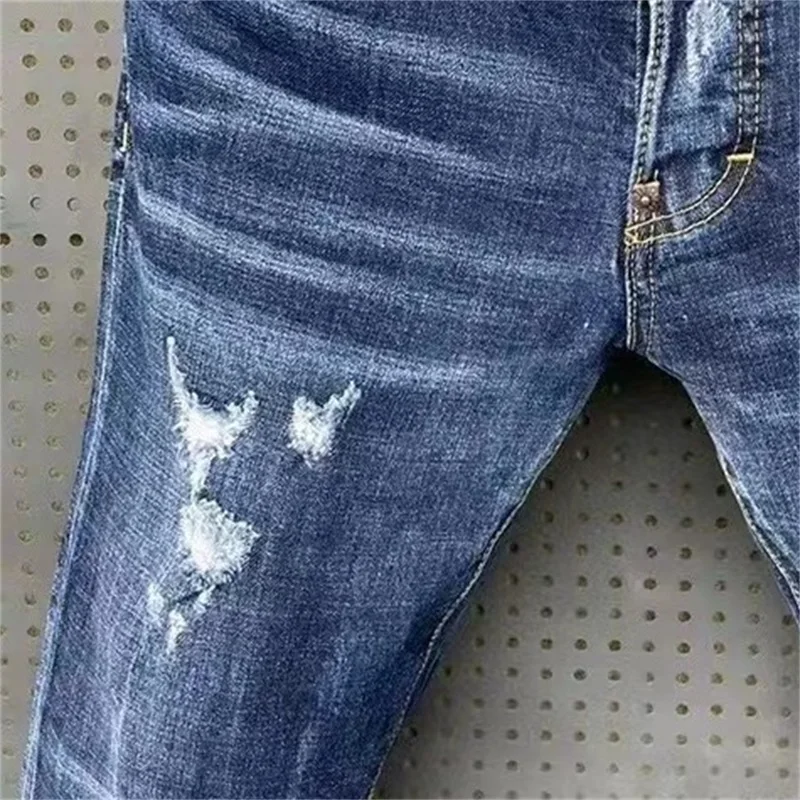 High Elastic Worn Jeans Men's High Street Vintage Feet Tight Luxury Pants Slim Fit Shaved White Made Old Versatile Four Seasons2