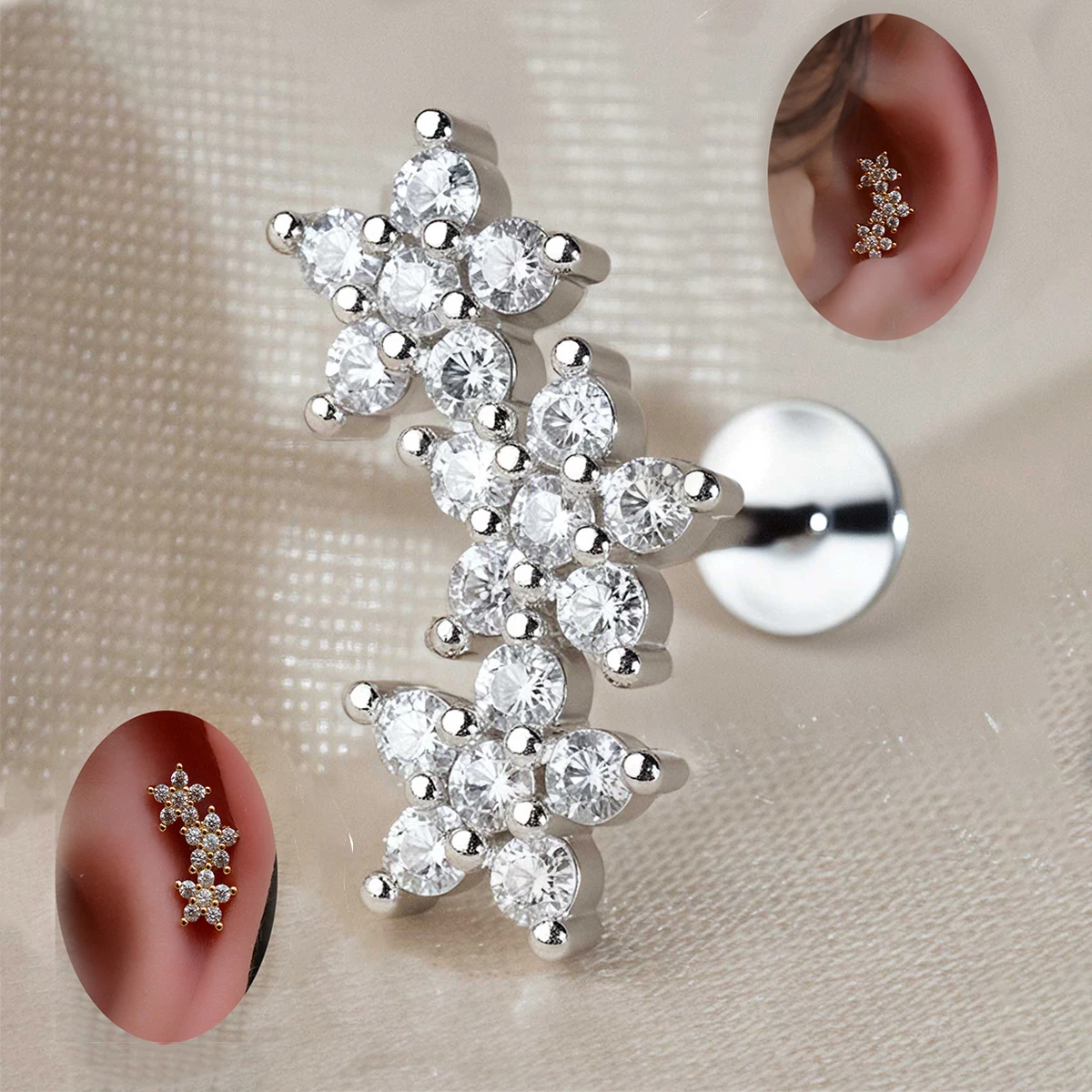 1PC Brincos de Flor em Aço Inoxidável 316 para Mulheres, Mini Zircônia Cúbica, Piercings Finos para Cartilagem e Concha