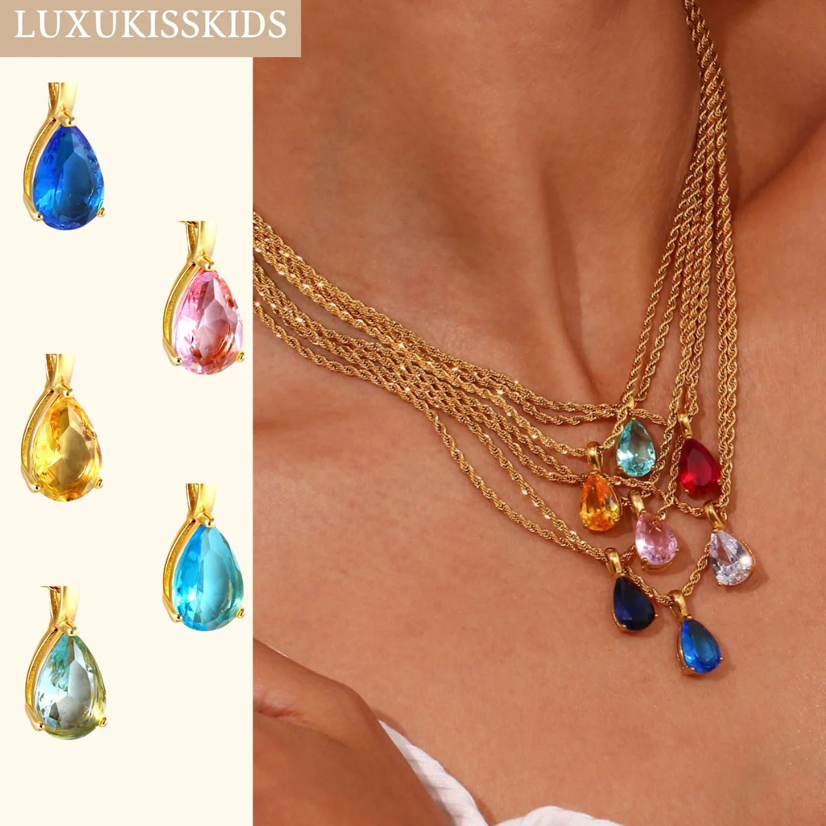 LUXUKISSKIDS Vintage CZ Water Tear Drop Zirconia Pendant Necklace Stainless Steel Colorful Pink Crystal Choker y2k Girl Jewellry