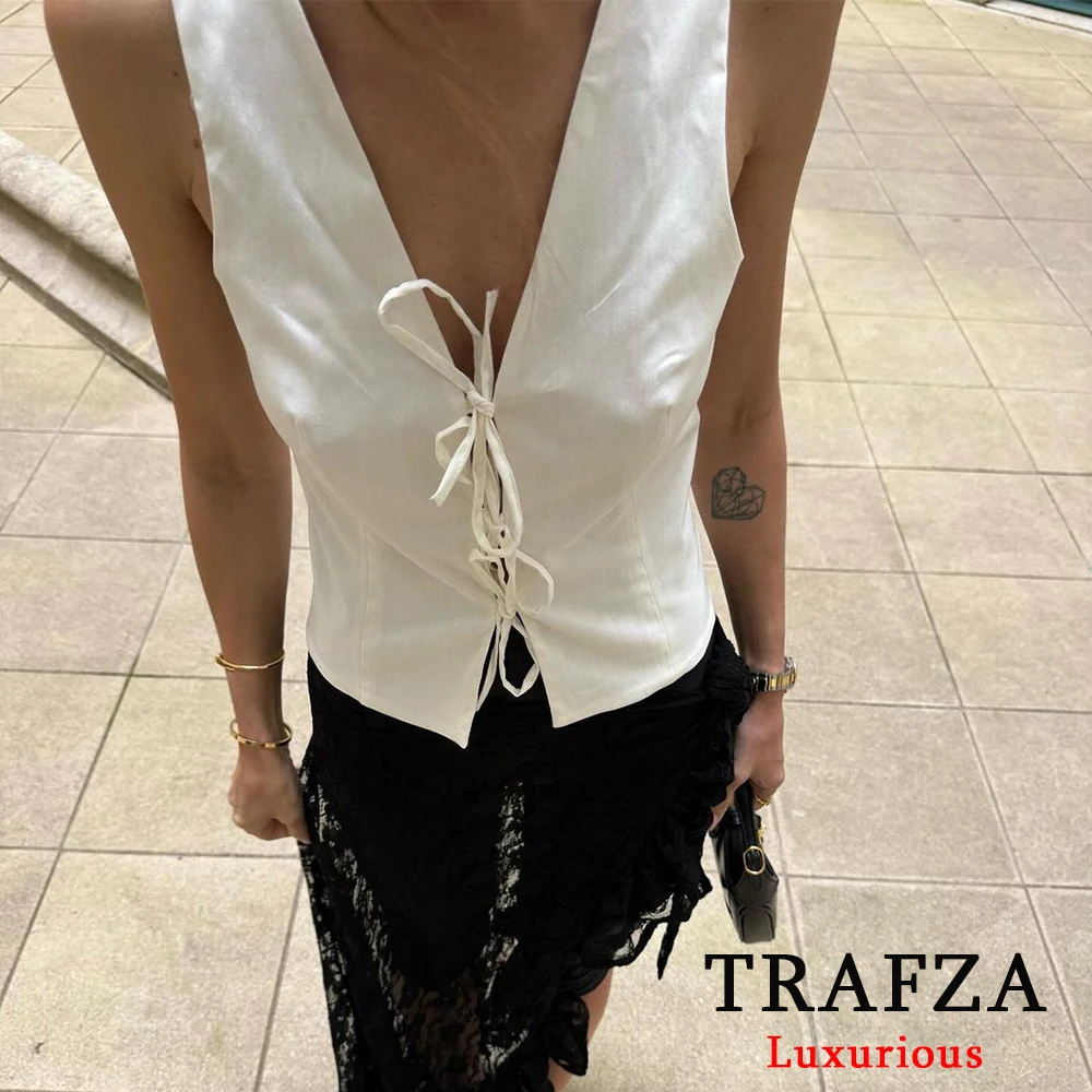 TRAFZA Casual Beige V Neck Sleeveless Vest Women Bow Tie Straight Tops Women Fashion 2024 Summer Streetwear Sexy Tank Tops