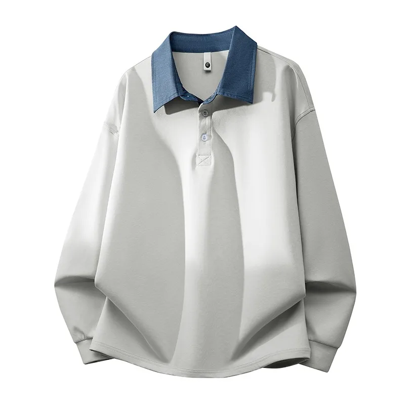 Men's Cotton Lapel Polo Sweatshirt Spring Autumn Loose Plus Size Fake Two Piece Long Sleeve Basic Top