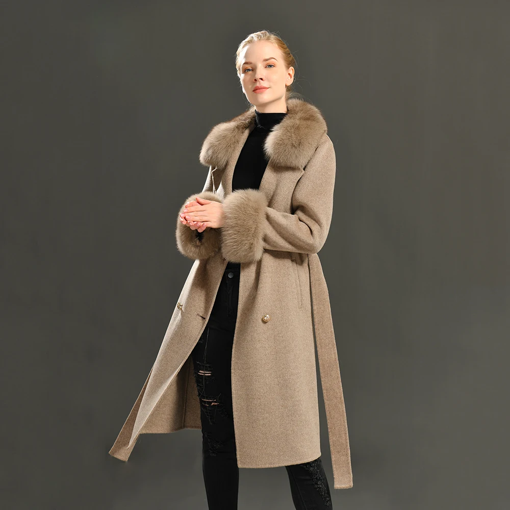 Jxwatcher Cashmere Wool Coat Spring Real Fox Fur Collar Woolen Trench Jacket Women Winter Coat Hot Selling Long Style Wool Coats
