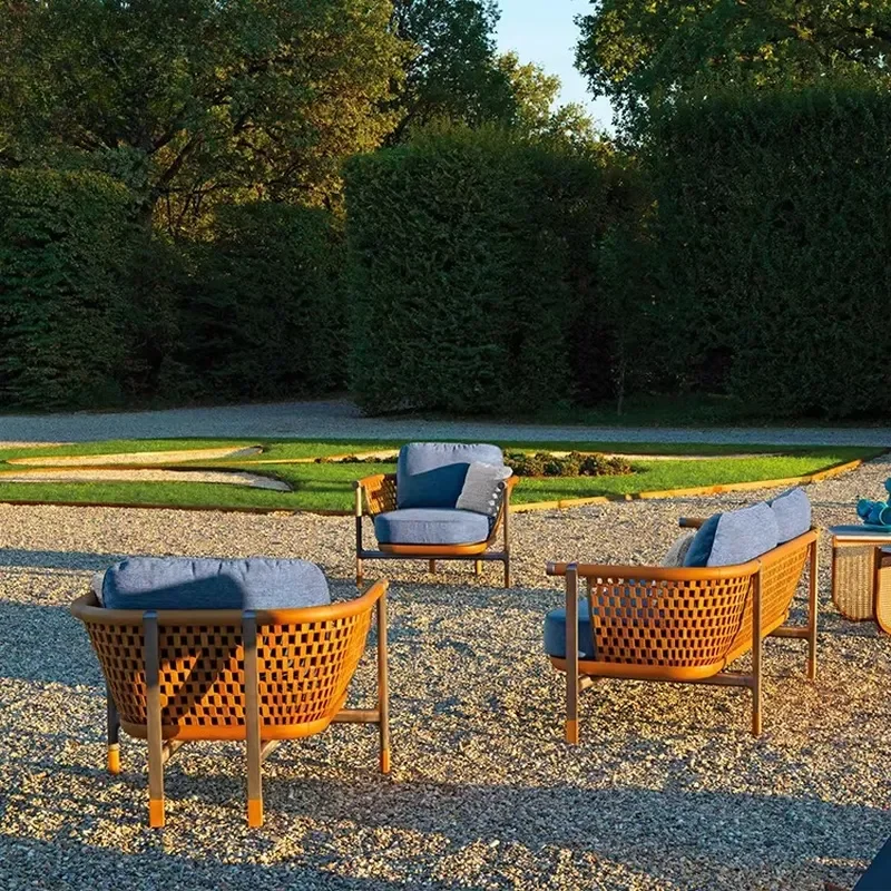 Outdoor Rattan Wicker Sofa, Aluminum Frame Weather Resistant, Blue Cushion, Modern Design for Garden Patio Poolside