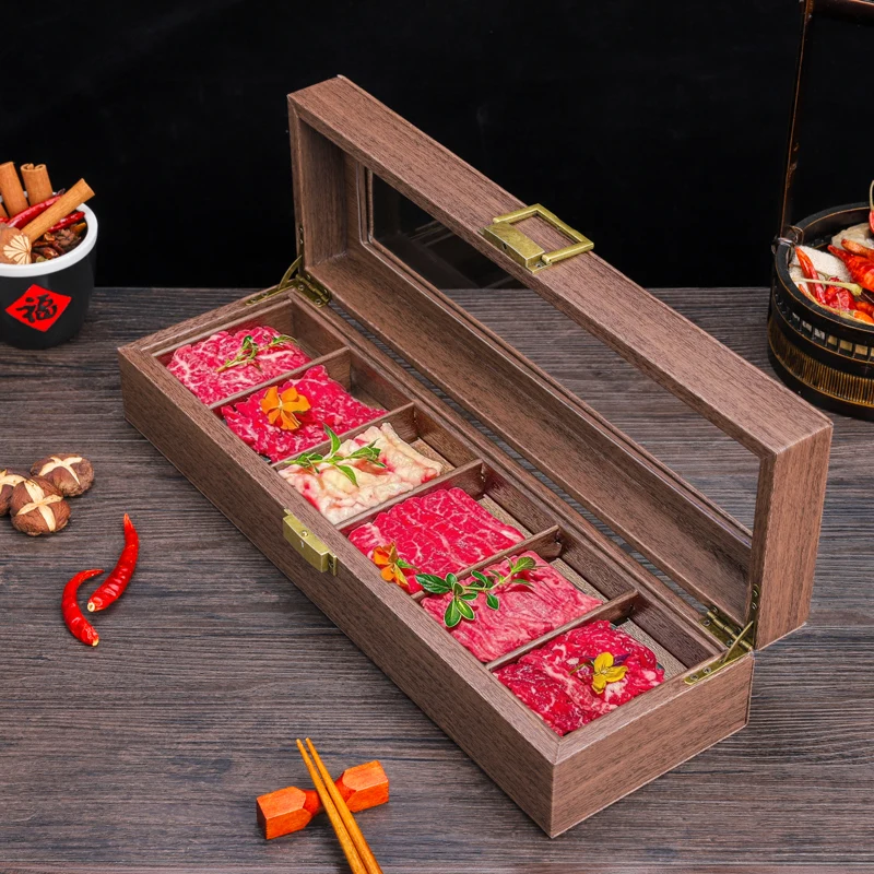 

Flip-top Wooden Box, Roast Meat Wooden Box Tableware, Beef Platter, Snack Storage Tray, Service Desk Hotel, Cake Tray Tableware.