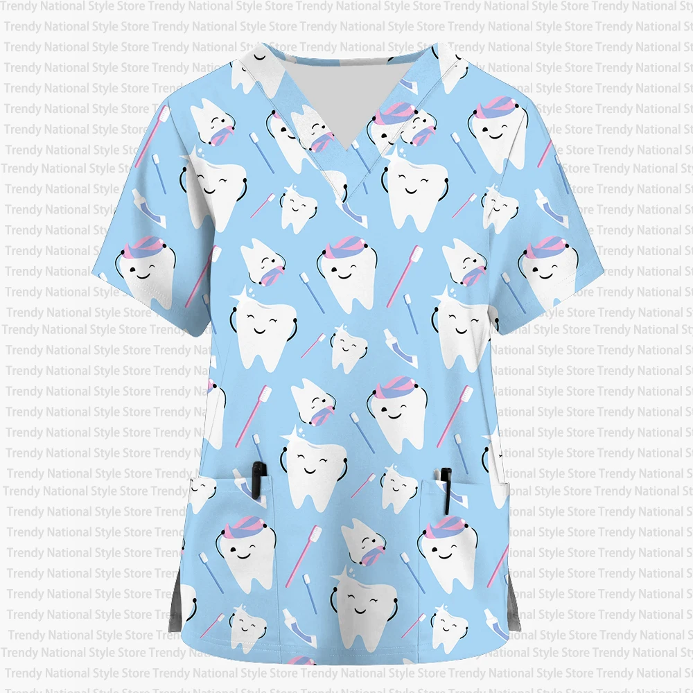 New Summer Women's Hospital Clinic Dental Pet Shop Care Uniform T-Shirt V-Neck Short Sleeve Frosted Top with Printed Design