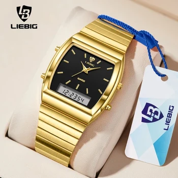 LIEBIG new fashion casual watch for men digital quartz dual display gold watch week time sports male waterproof relogio masculino