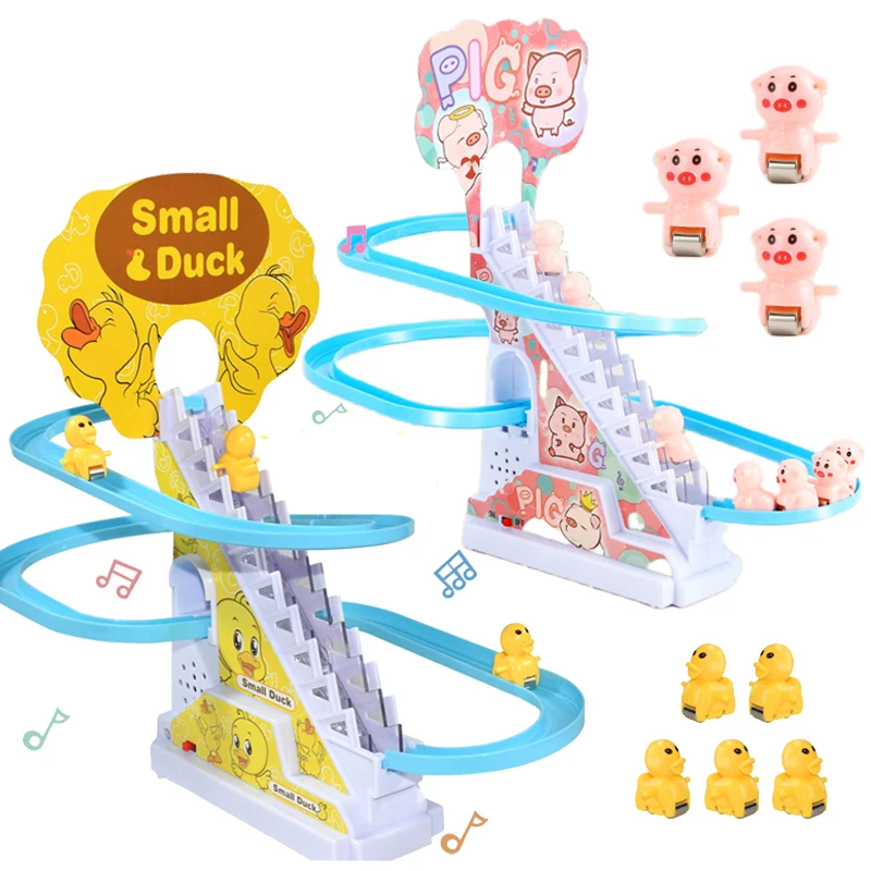 Kids Small Duck Electronic Climbing Stairs Track Toy Light Musical Slide Track Educational Toys for Boys Girls Christmas Gift