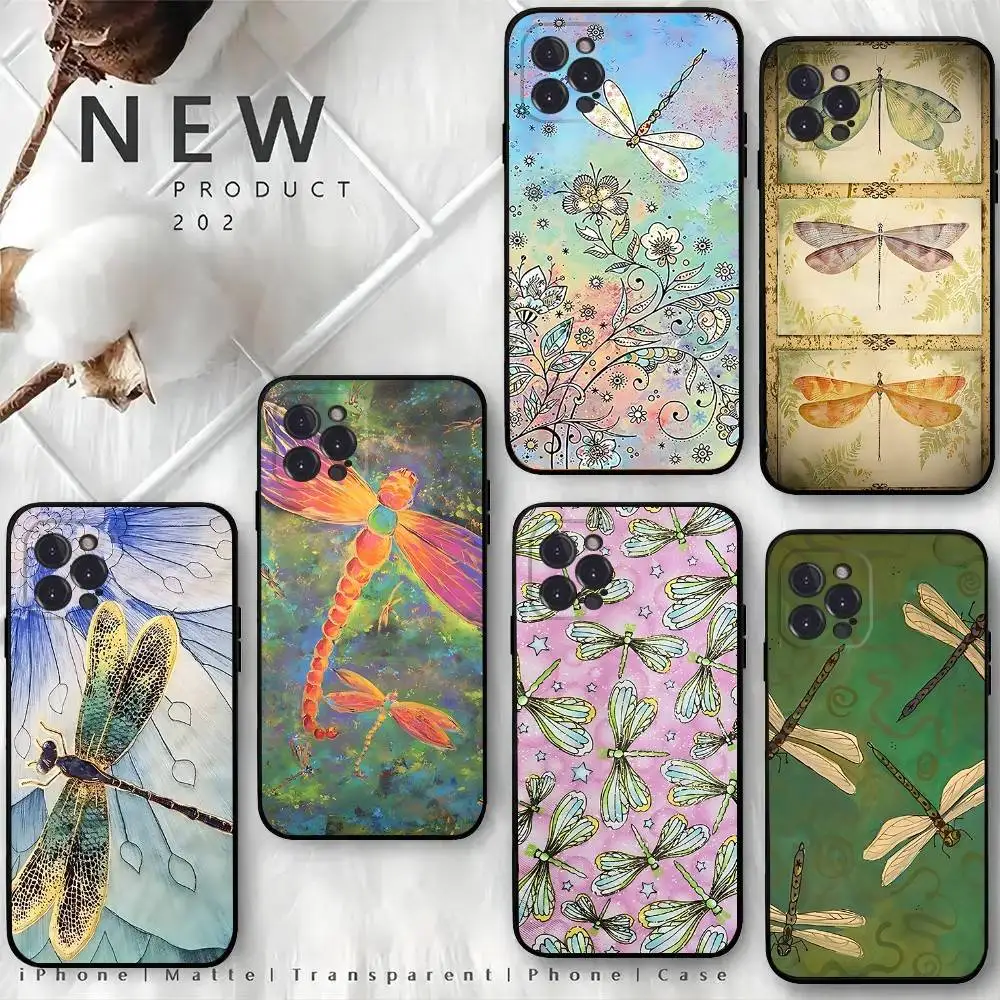 

Dragonfly Insect Art Drawing Phone Case For iPhone 16,15,14,13,12 Mini 11 Pro XR,X,XS,MAX 7,8 Plus Silicone Cover Soft Black