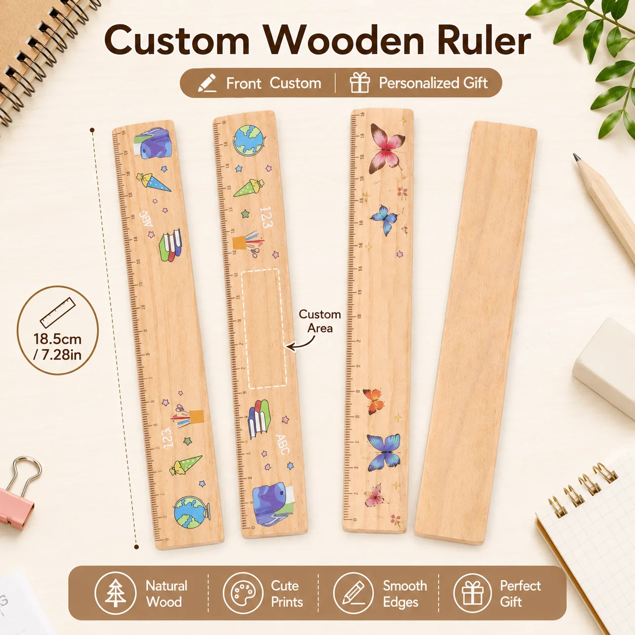 Custom Wooden Ruler Personalized Engraved Name Ruler 18.5cm Colorful Print Study Desk Gift for Students School Supplies