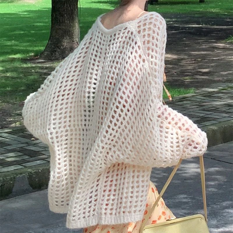 

Spring Summer Hollow out Knitted Open Cardigan Lazy Sle Korean System Commute Loose Cover up Thin Outerwear awl Top