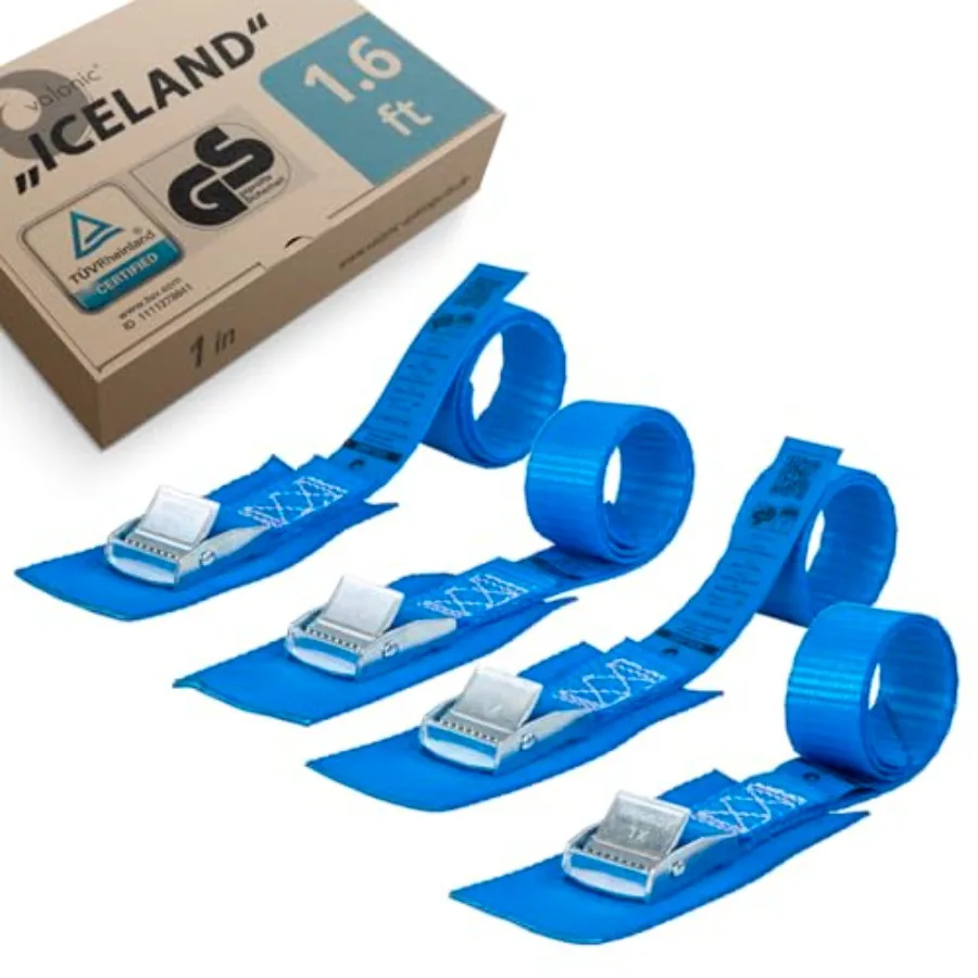 

Iceland - Short Tie down Straps - 4 Pack, 1.6 ft X 1 Inch, 1100 Lbs, Tüv Rheinl. Certified, Protection Pad, Cam Buckle - for Bi