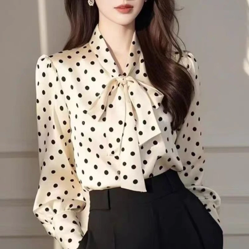 빈티지 여성 블라우스 캐주얼 물방울 무늬 탑 패션 루즈 여름 프렌치 의류 긴 소매 한국식 리본 여성 셔츠