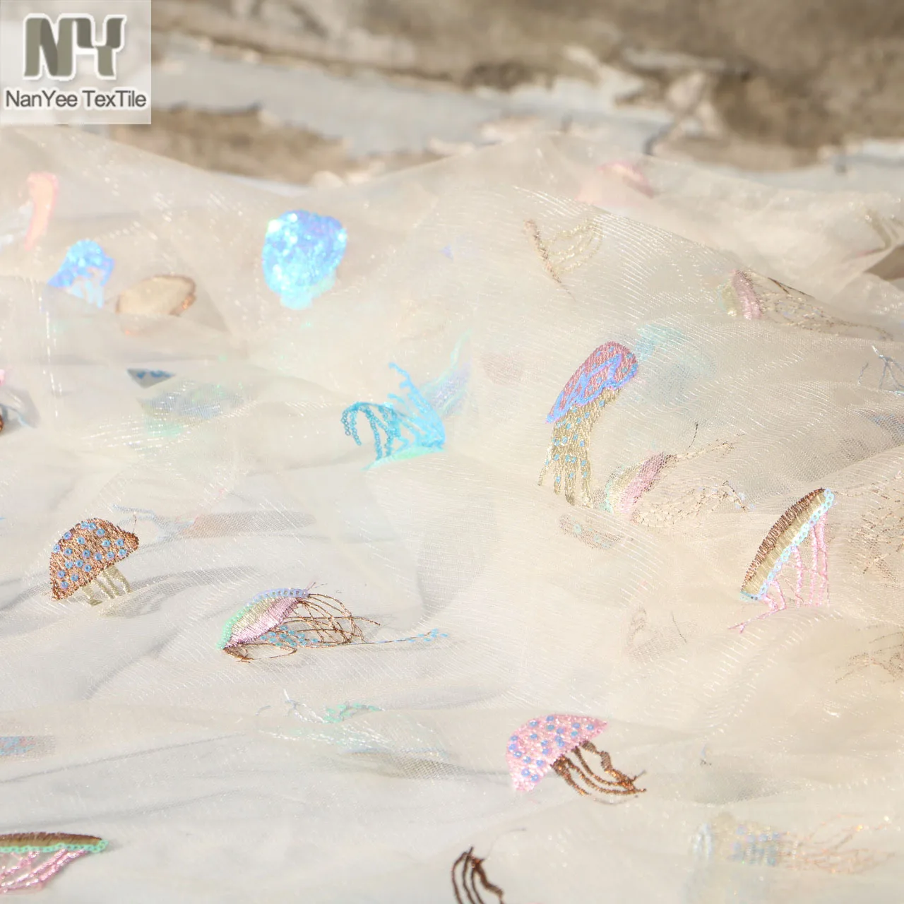 Multi Colors Sea Animal Jellyfish Shell Fishes Designs Sequin Embroidered Tulle Netting Fabrics