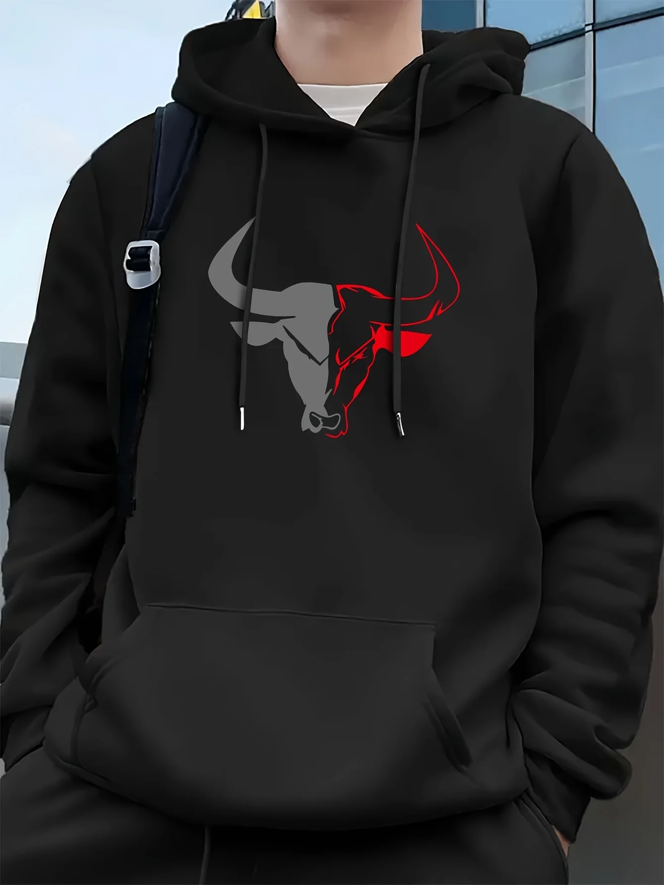 Осенне-зимняя толстовка большого размера на флисовой подкладке — мужской повседневный пуловер с принтом быка, можно стирать в машине, уличный стиль