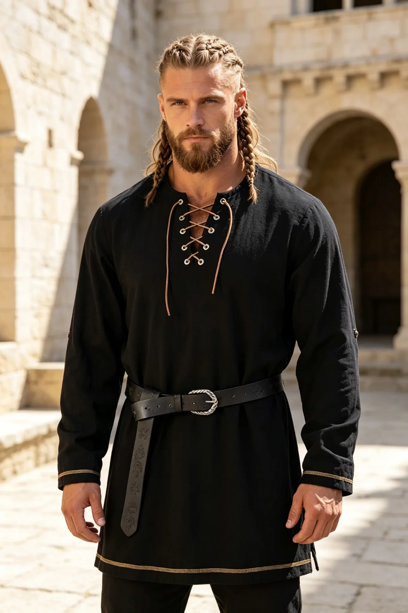 Men Medieval Viking Lace‑Up Shirt Renaissance Pirate Long Sleeve Tunic Top With Belt Halloween Cosplay Costume Vintage Outfit