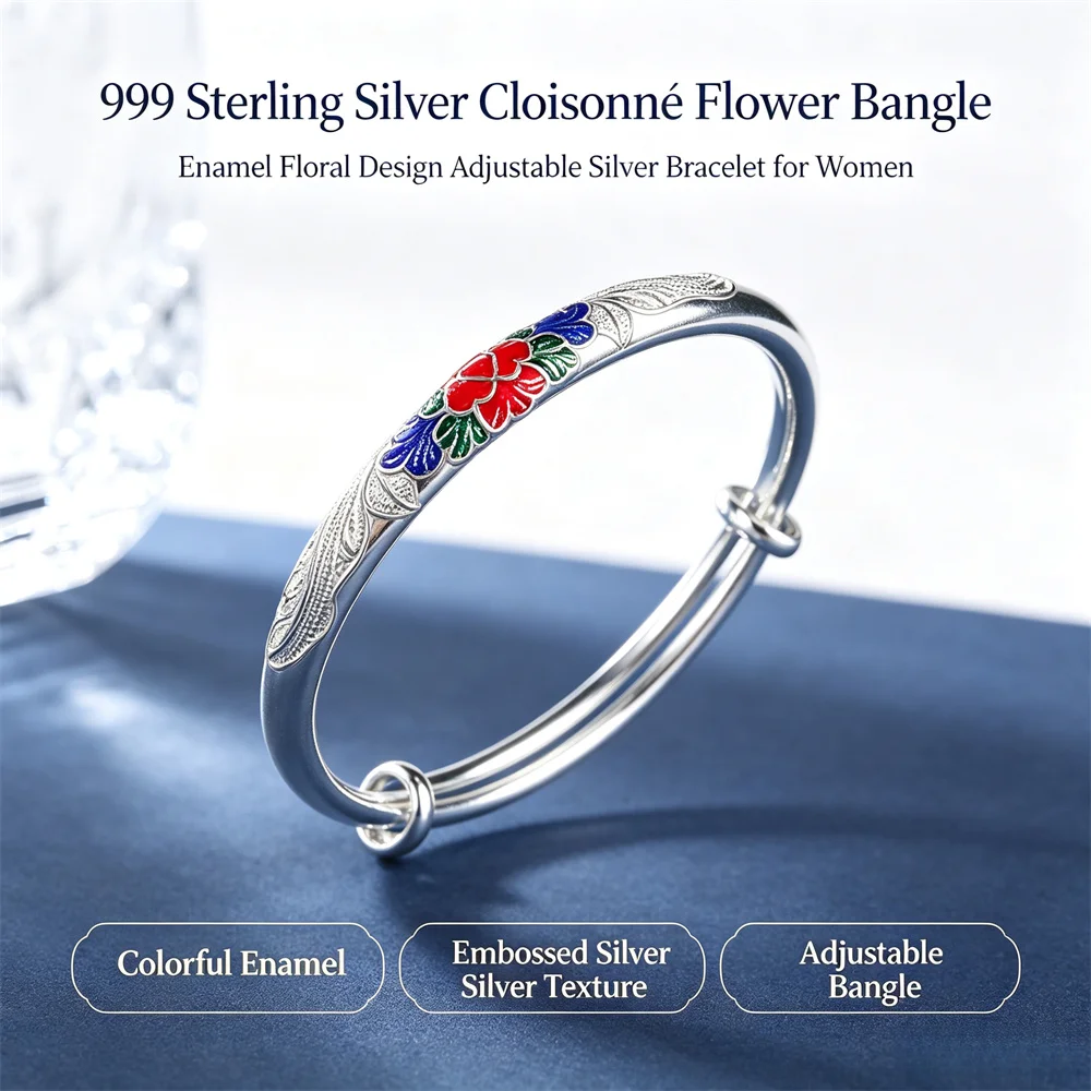 OUYADI Ethnic Enamel Cloisonne Flower Silver Bangle 999 Fine Silver Adjustable Push Pull Bracelet Women Fashion Party Jewelry