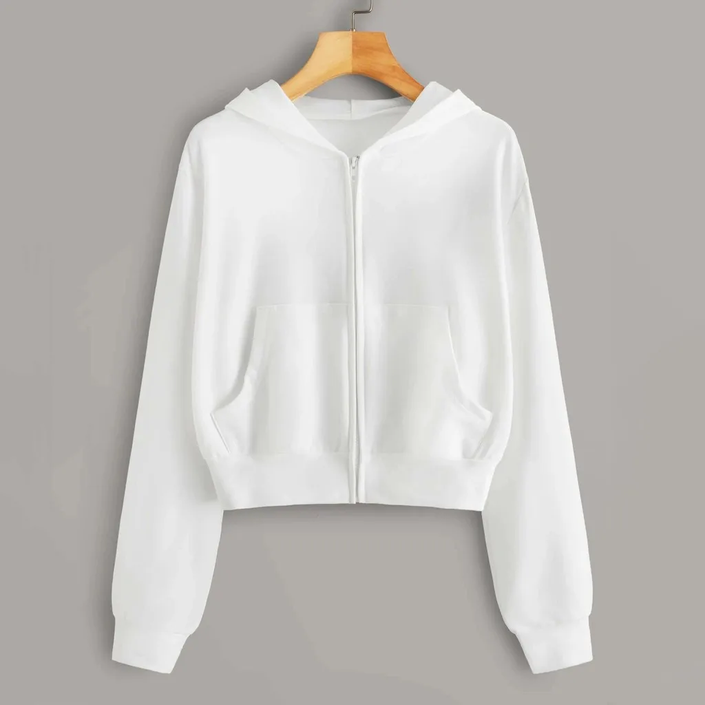 Long Women Solid Pocket Sweatshirt Casual Tops Sleeve Hooded Shirt Zipper Women'S Blouse Women Clothes Patterns