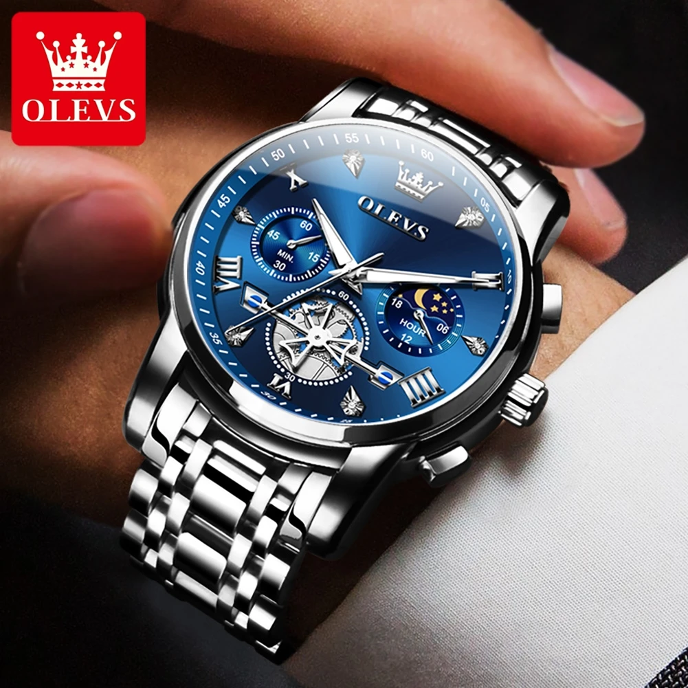 OLEVS-Montres à Quartz pour Homme, Design de Volant d\'inertie, Chronographe Classique, Montre-bracelet à la Mode, Phase de Lune, Étanche, Modules,