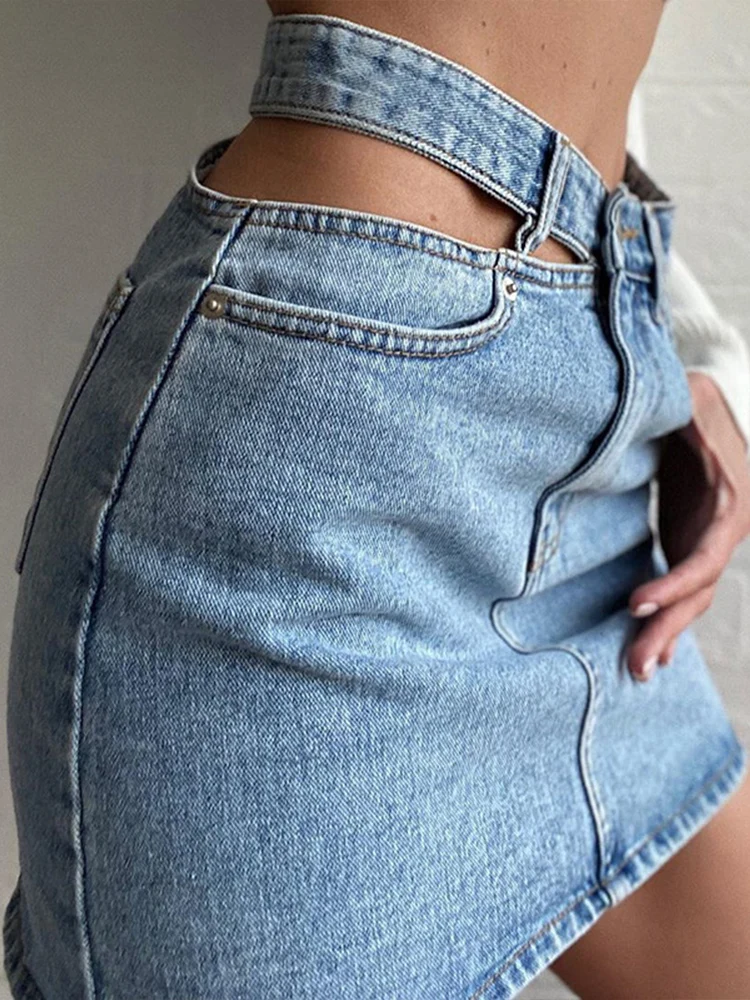 Woman High Waist Hollow Washed Denim Summer Skirt Asymmetric Button Mini Skirt Ladies Fashionable Streetwear Short Skirts 2021