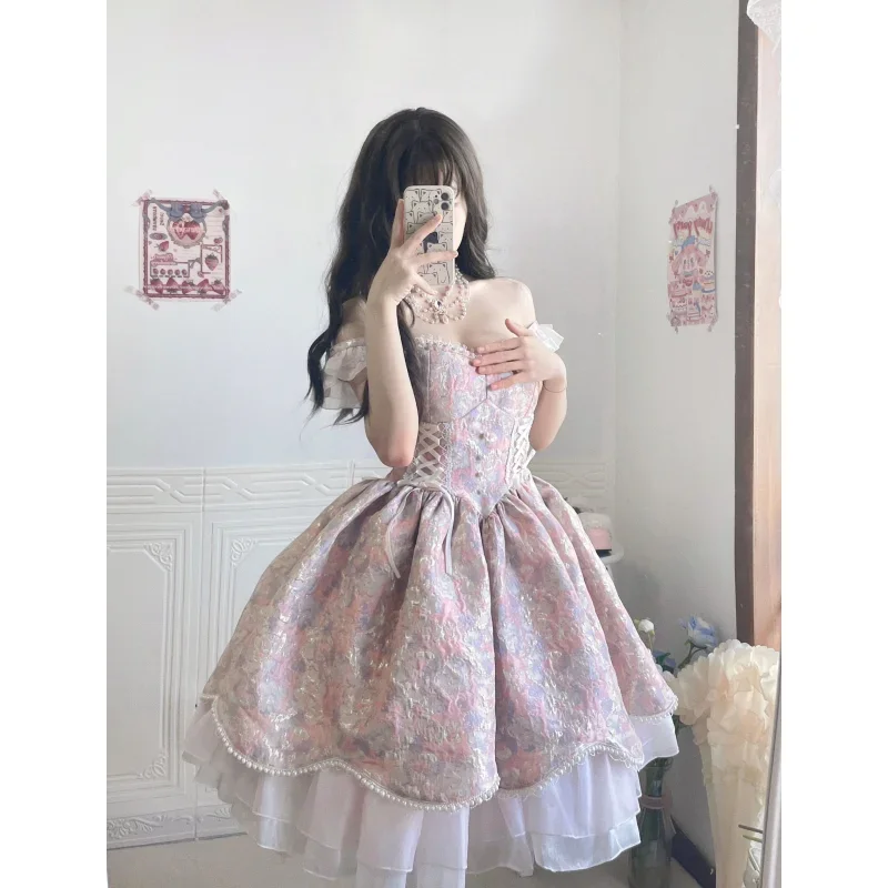 Gaun Lolita Vintage Victoria gaun Mini pesta wanita manis elegan renda ruffle ramping mutiara gaun putri