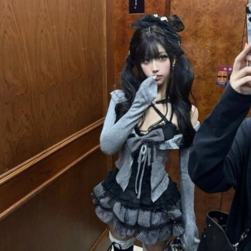 

Комплект из 3 предметов в стиле Harajuku 2000-х годов: винтажный облегающий костюм с юбкой, Y2K, кавайный, лолита, с длинными рукавами, в японском стиле, с бантом, для осени, для модных девушек