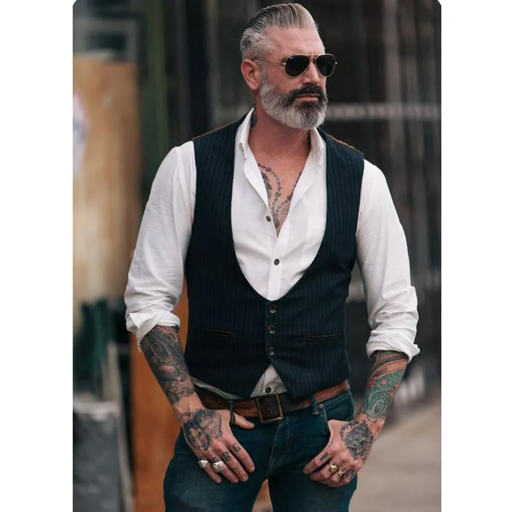 Stripe Men's Vests Elegant Sleeveless Stand Collar Business Button Slim Fit Herringbone Waistcoat For Wedding Men Vest