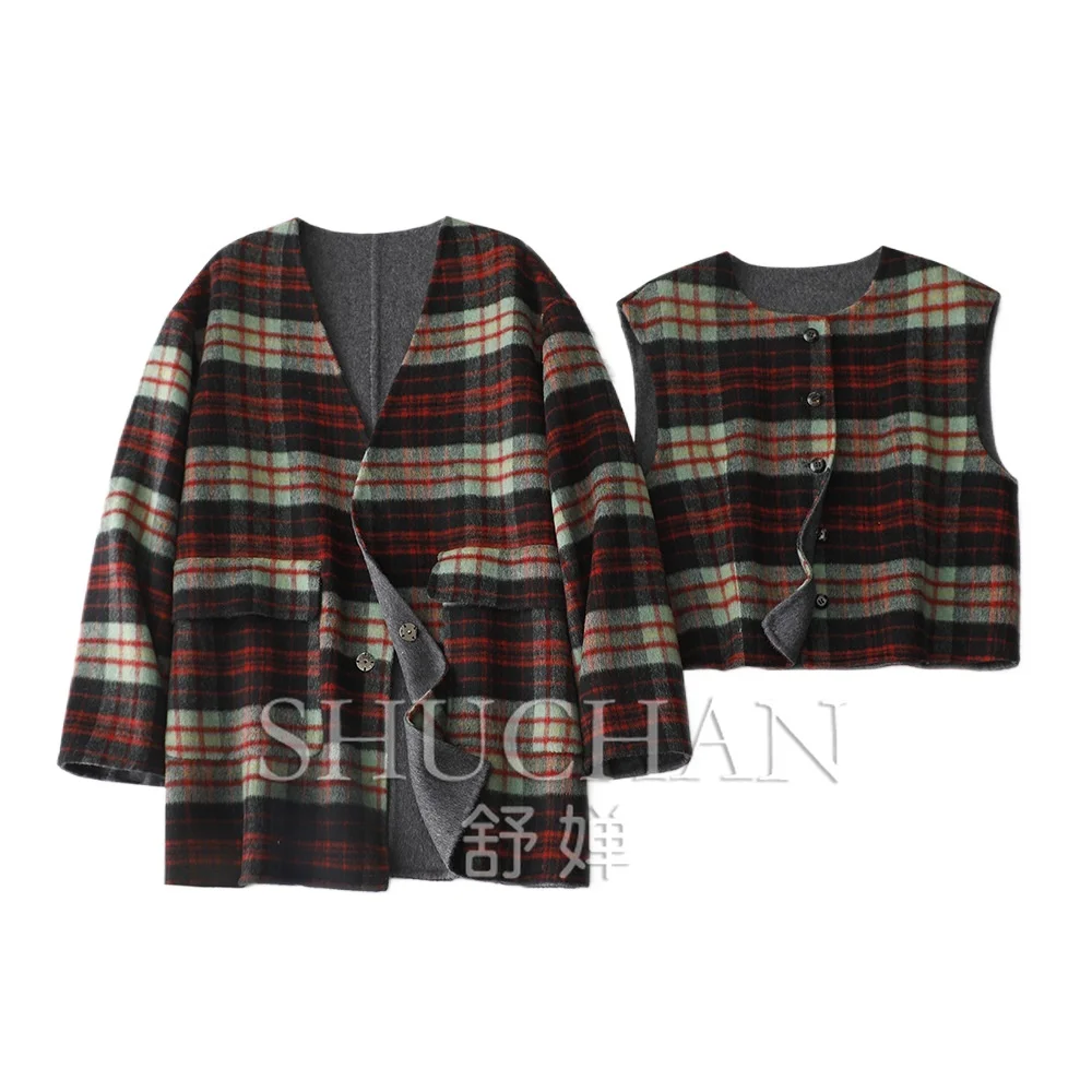 

Retro Plaid Light Luxury Fashion Woolen Vest + Coat Two-piece Set Imported 100% Wool Double-sided Woolen Coat