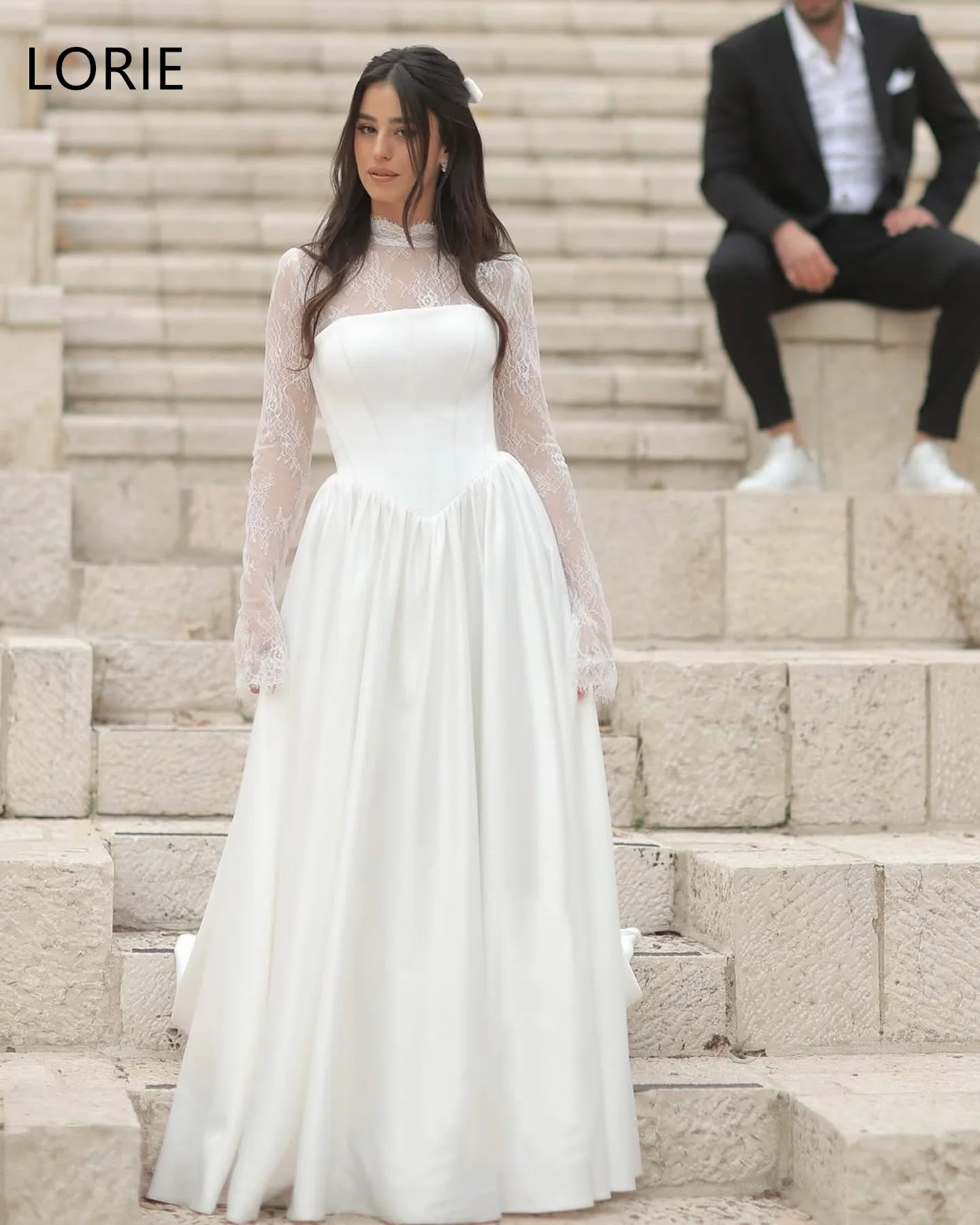 LORIE A-Line Satin Wedding Dresses Halter Full Sleeves Lace Pleated Bride Prom Gown Floor-Length Bridal Gowns Customized