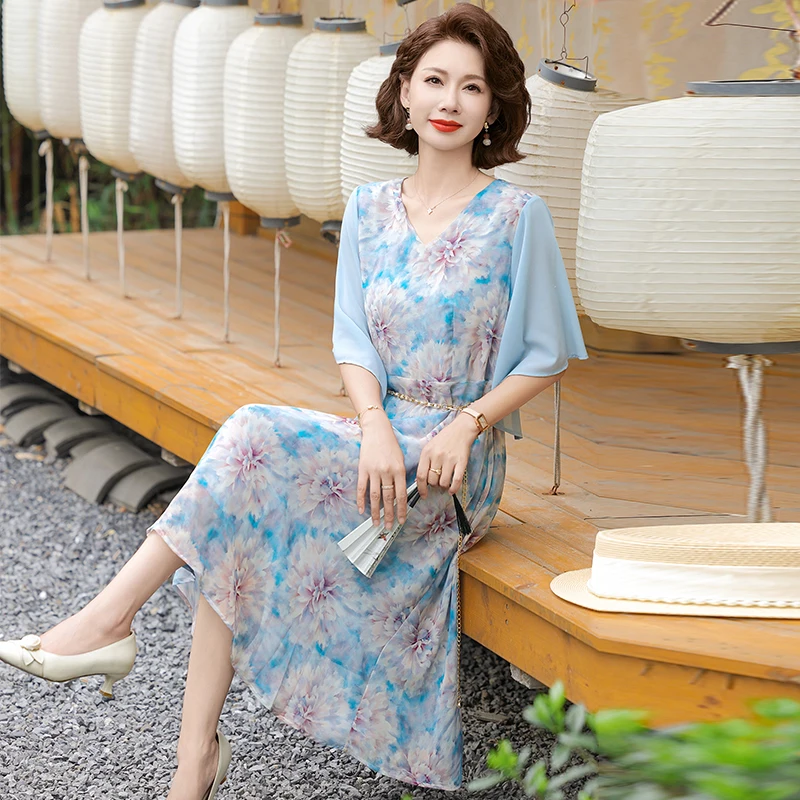 

Ele Summer Dr for Mom Faionable ort Sve Chiffon Skirt Women's Clothing Mid-aged And ly Faion Korean Sle