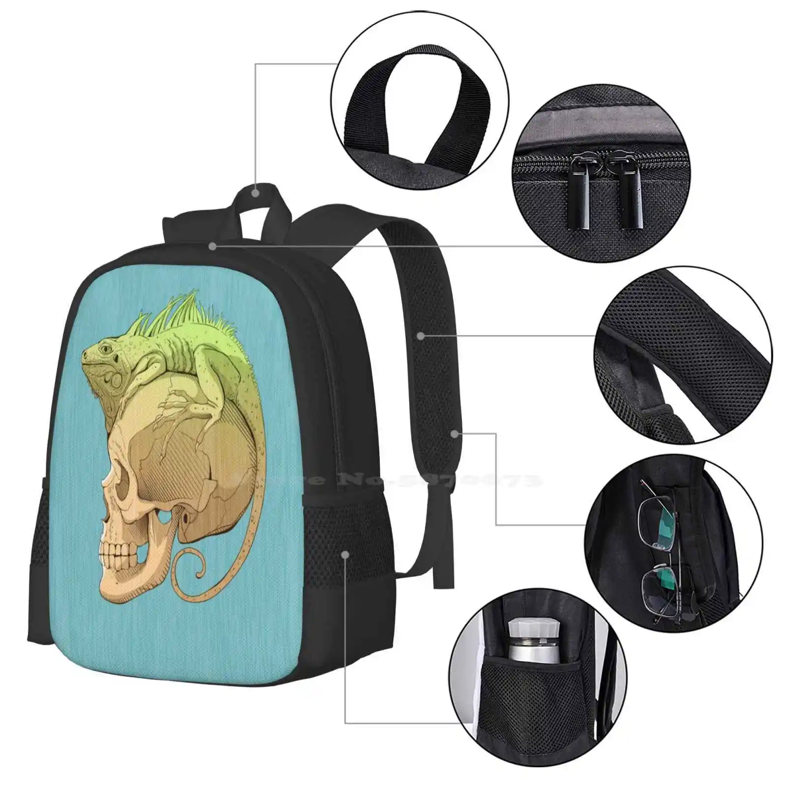 Colorful Illustration With Iguana And Skull School Bags For Teenage Girls Laptop Travel Bags Iguana Skull Lizard Halloween