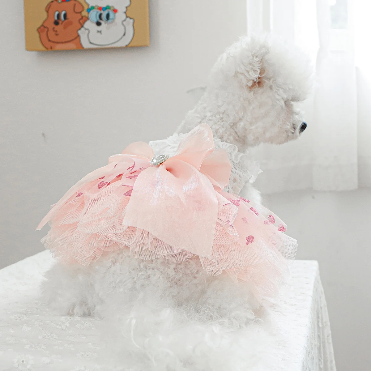 1PC Pet Clothes Spring and Autumn Pink Heart Fluffy Dress Wedding Dress Princess Dress Suitable for Small and Medium sized Dogs