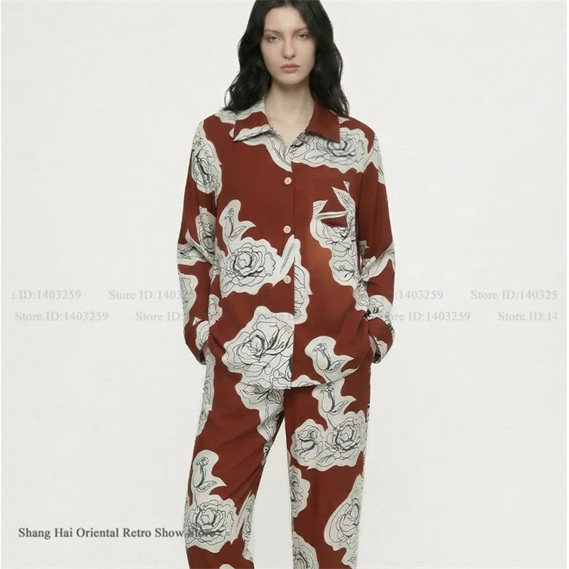 New Female 2Pcs Pajamas Set Orange Print Floral Long Sleeve Trouser Pijamas Suit Spring Autumn Rayon Sleepwear Home Clothing