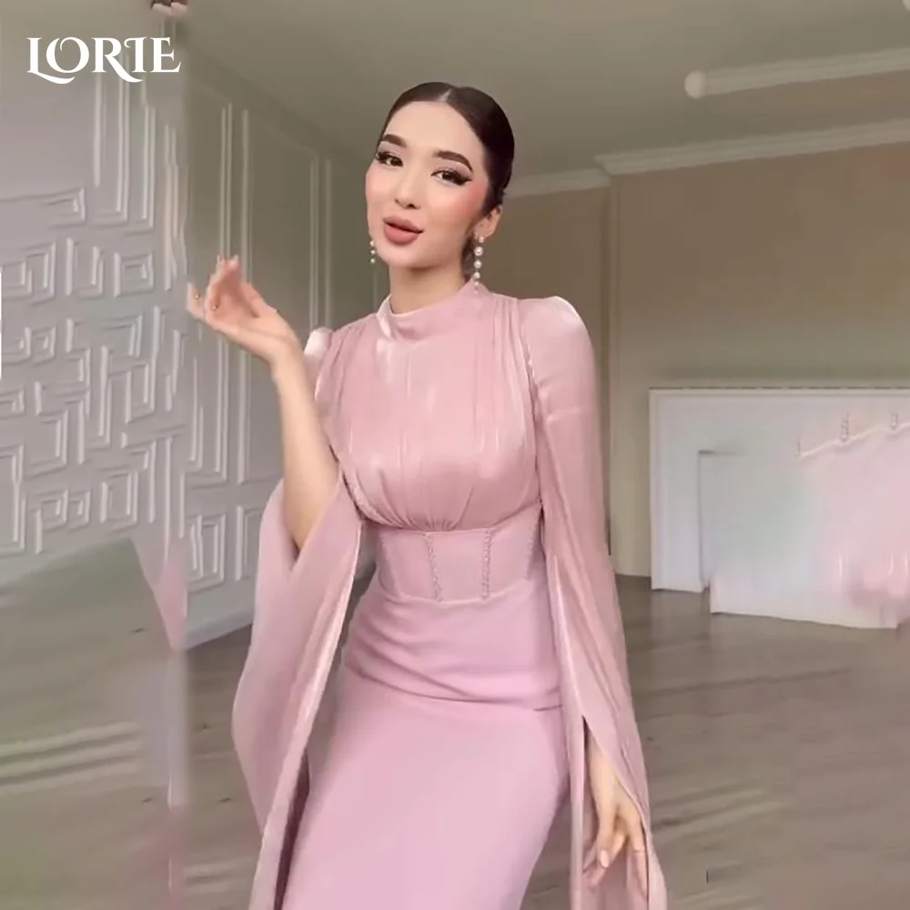 

LORIE High Collar Arabia Evening Dress Shiny Sequins Floor Length Long Sleeves Mermaid Prom Dresses Pleats Party Gown Customized
