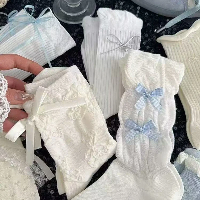 5 Paar Damen-Socken mit Schleifen-Accessoires, modische, niedliche Mid-Tube-Socken im Lolita-Stil, weich, bequem, atmungsaktiv, für alle Jahreszeiten, Freizeitsocken – Detail 6
