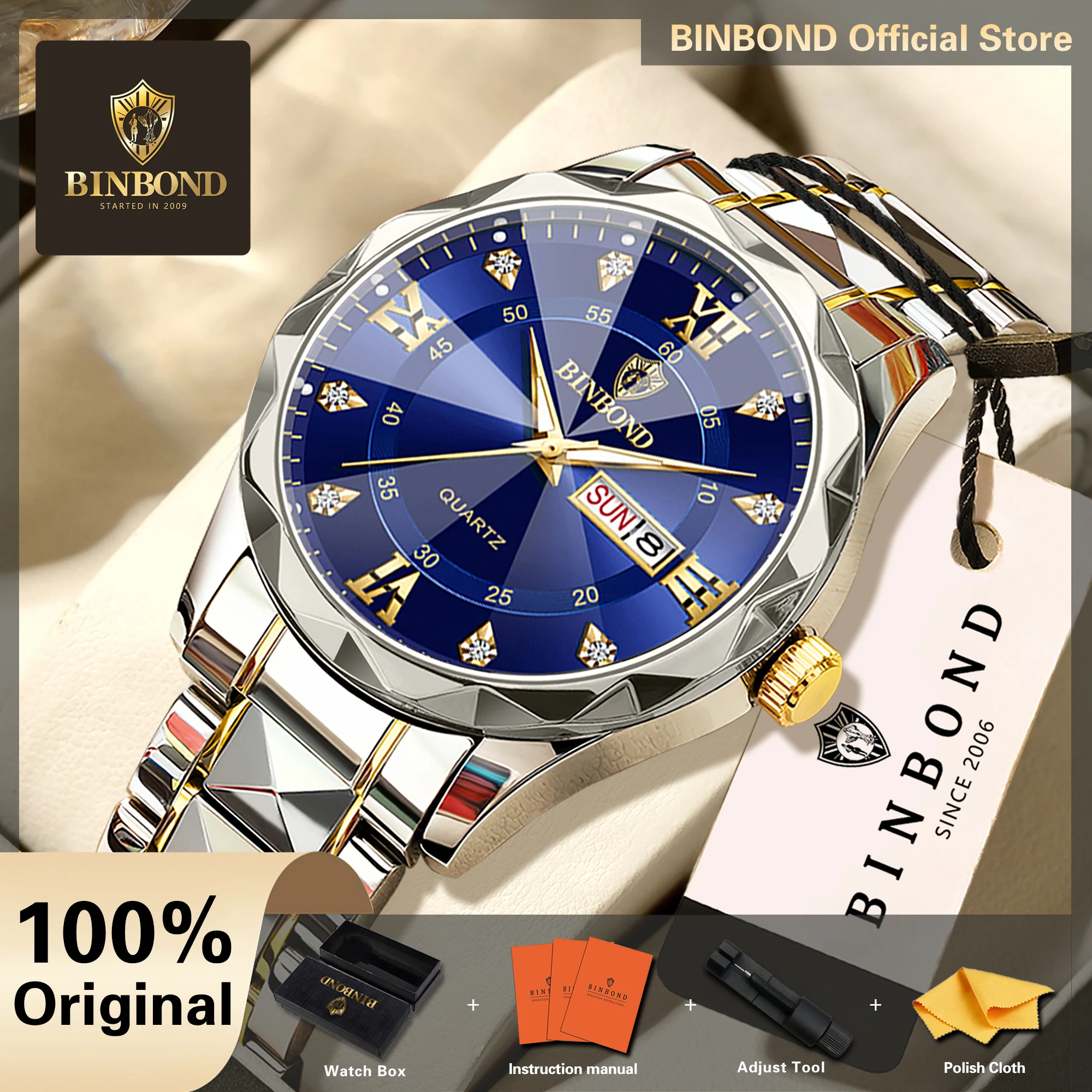 BINBOND Original Quartz Watches For Men Luminous Relojios Waterproof Week Display Auto Date Accurate Men's Watch Luxury Reloj