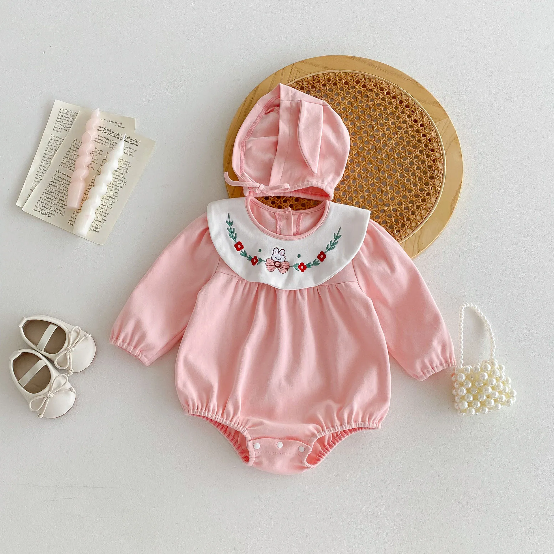 2024 Autumn Baby Girl Bodysuit Cute Doll Collar Newborn Onesie Cotton Toddler One Piece Jumsuit with Hat Infant Clothes