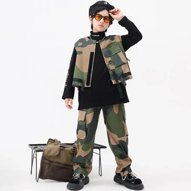 Kid Boys Hip-pop Clothes High-end Cool Jazz Dance Costumes Camouflage Vest Cargo Pant Set Urban Kids Models Fashion Show Outfits