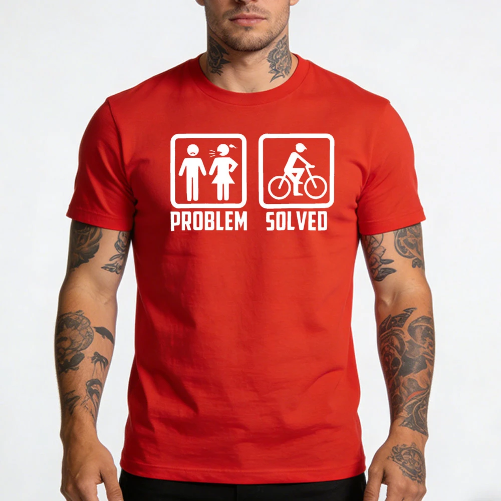 Problem Solved Graphic Red Tee Bicycle Humor Men T-Shirt Cycling Lover Shirt Sarcastic Relationship Clothing Funny Cartoon Top