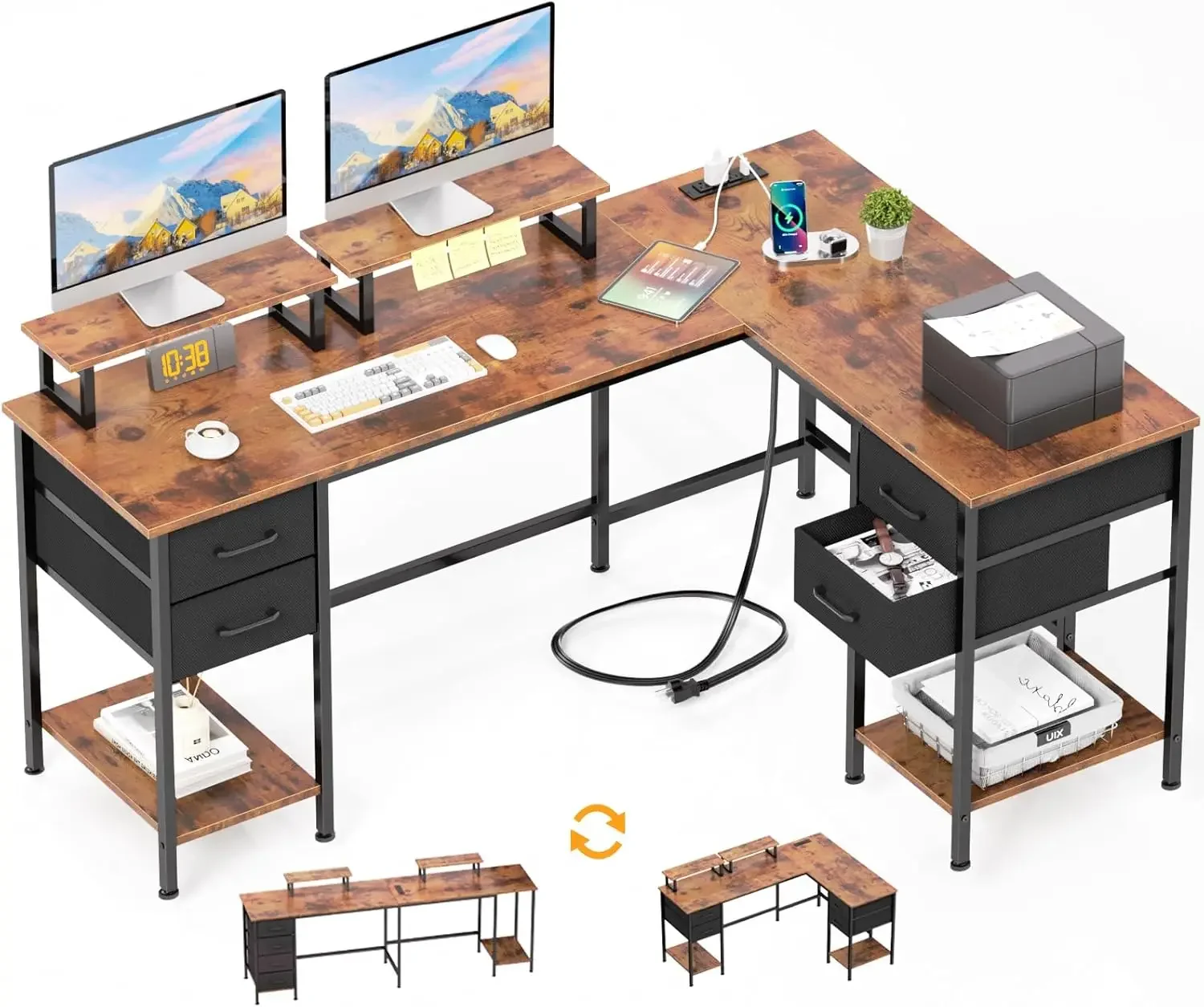 L Shaped Computer Desk with Power Outlets, Home Office Desk with 4 Adjustable Storage Drawers, Corner Desk with 2 Monitor Stands