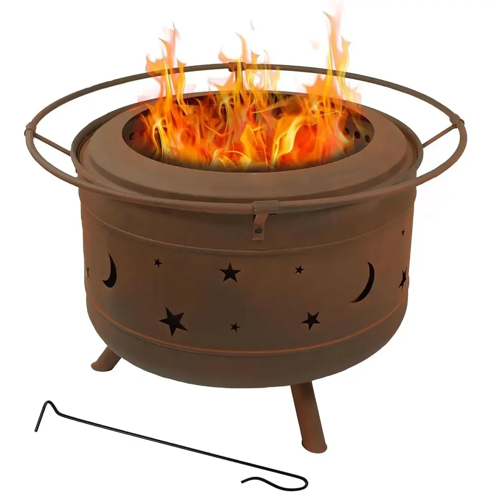 

30-Inch Cosmic SmokelWood-Burning ire Pit with Cover and Poker - Steel Outdoor Smokelire Pit or the Backyard