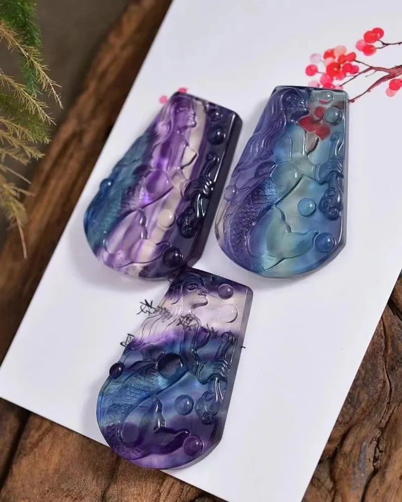 Natural Colorful Fluorite Hand -carved Mermaid Pendant Fashion Boutique Jewelry Men's and Female Jade Necklace Gifts