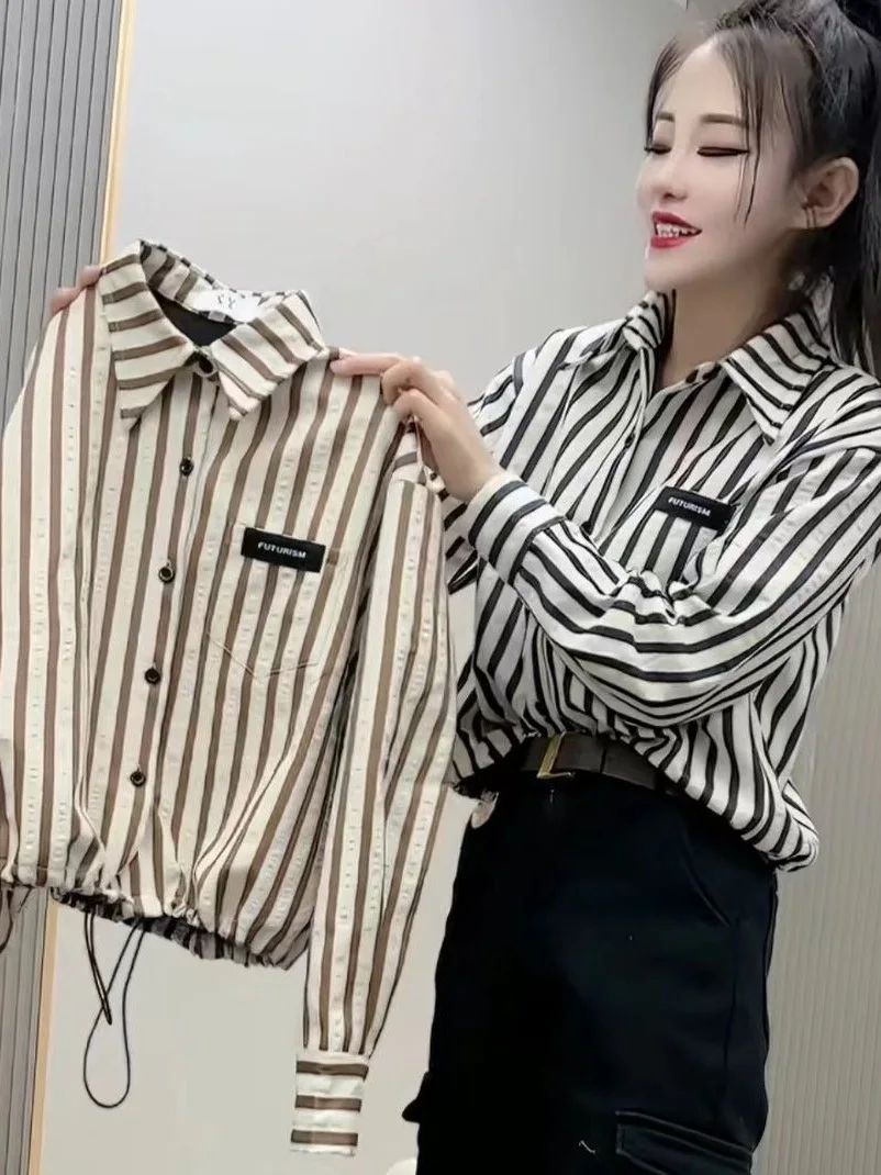 

Women's Fleece Lined Stripe Shirt Collar Open Cardigan Warm Long Sleeve Regular Fit Fashionable Winter New Arrival